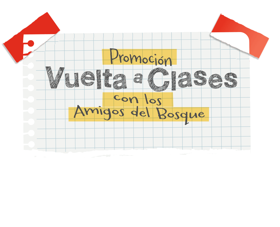 Ilustração de um bilhete, preso com dois pedaços de fita adesiva transparente, com o seguinte texto escrito: Promoção volta às aulas com os amigos da Floresta encantada.