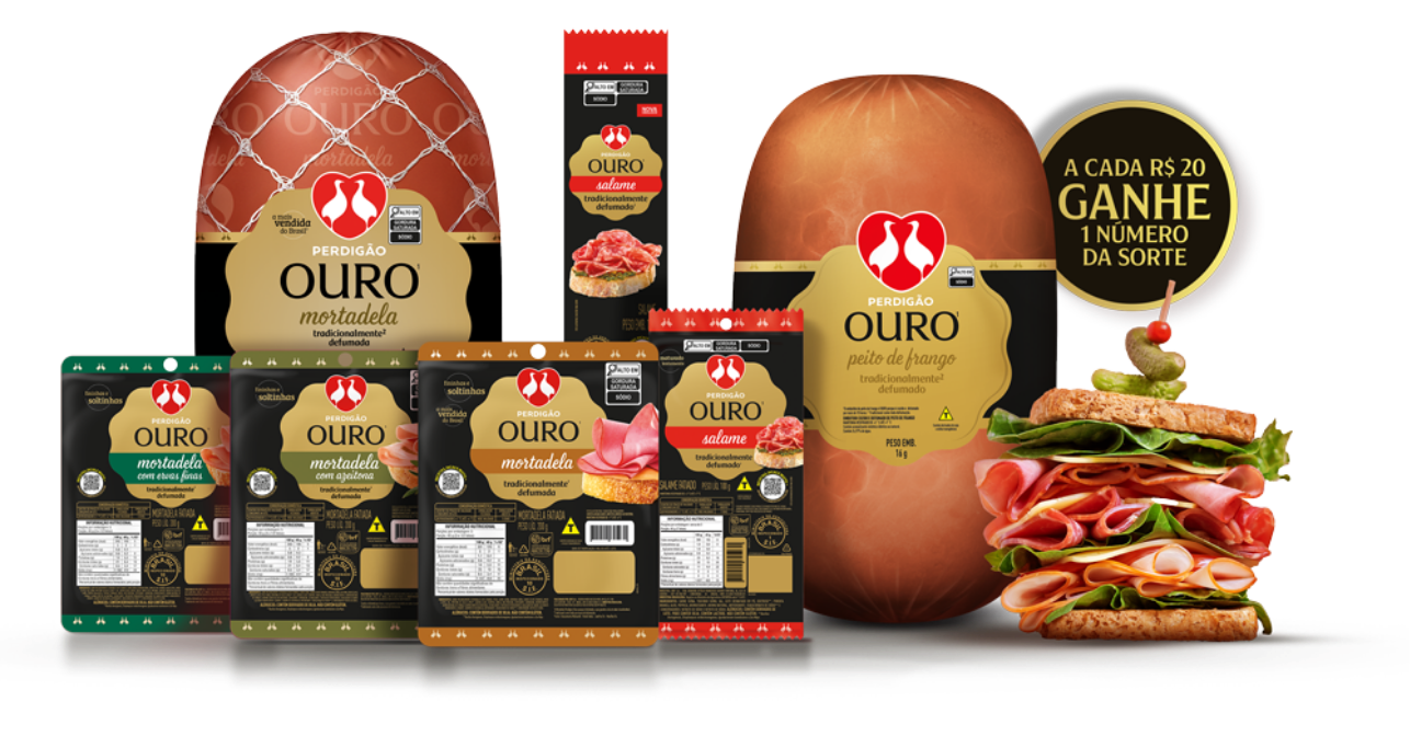 Foto de uma serie de produtos Perdigão, a cada R$ 20 ganhe 1 número da sorte.